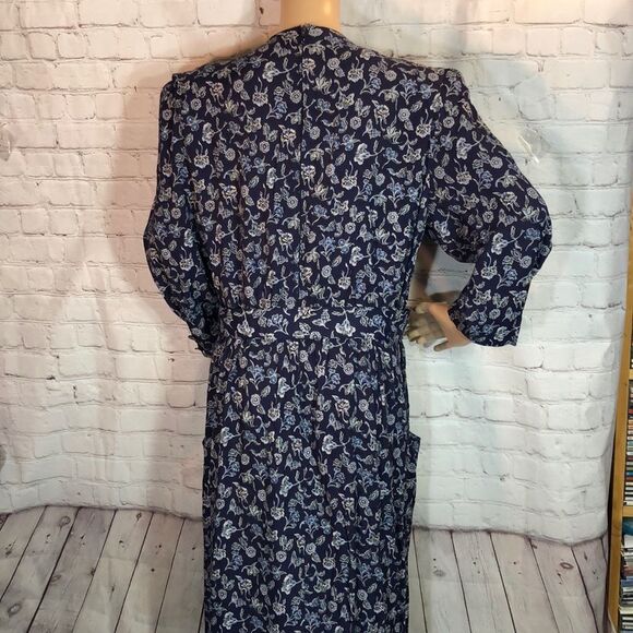 Vintage SL Fashions Blue Floral Belted Dress 1980s Size 18 Fits Much Smaller - Picture 6 of 10
